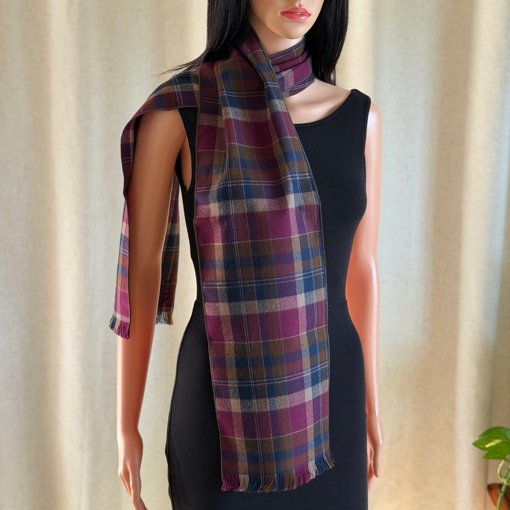 Vtg 90s Plaid Scarf Purple Blue Brown Tartan Acrylic Fringed Dark Academia Fall